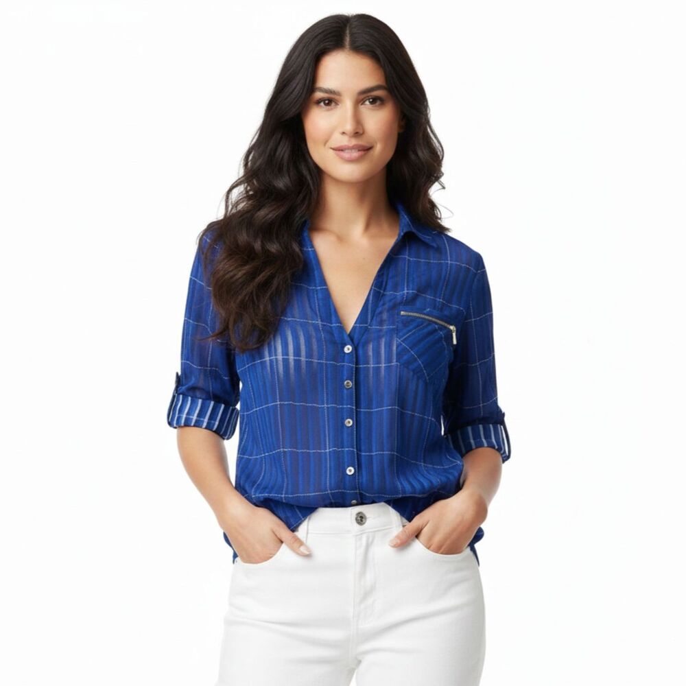 Bebe Womens Medium Blue Plaid Portofino‎ Button Down Blouse Long Sleeve